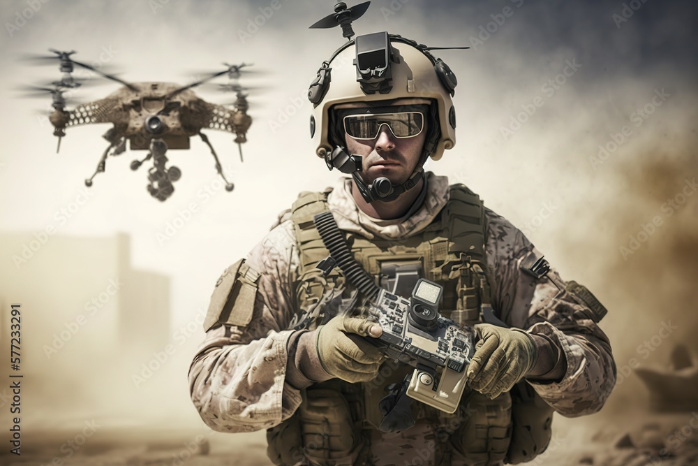 soldier in military uniform controls a quadcopter, generative AI