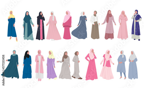 Collection of stylish muslim woman. Hijab muslim woman set. Modern people character in islamic clothes style. hijab vector flat design