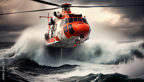 Leinwand Poster lifeguard descend from helicopter on ship at blue sea