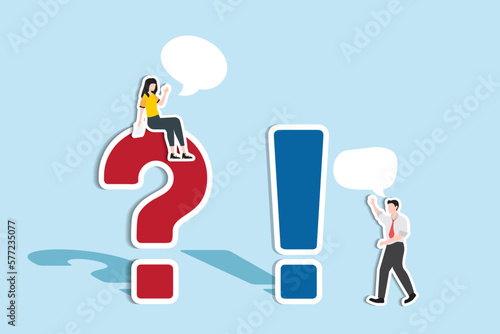 Question and answer, Q and A, FAQ, frequently asked questions, discussion to get solution to solve problem, brainstorm conversation or quiz concept, businessman and woman ask and answer questions.