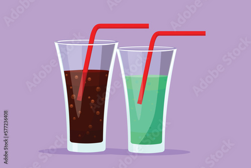 Cartoon flat style drawing fresh sweet soft drink on glass with ice cube logo emblem. Drinking cafe shop logotype template icon concept. Refreshing drink in summer. Graphic design vector illustratione photo