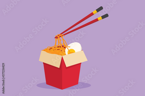 Character flat drawing fresh delicious Japanese spicy noodles on box restaurant logo. Fast food concept for cafe shop or food delivery service. Tasty meal for lunch. Cartoon design vector illustration