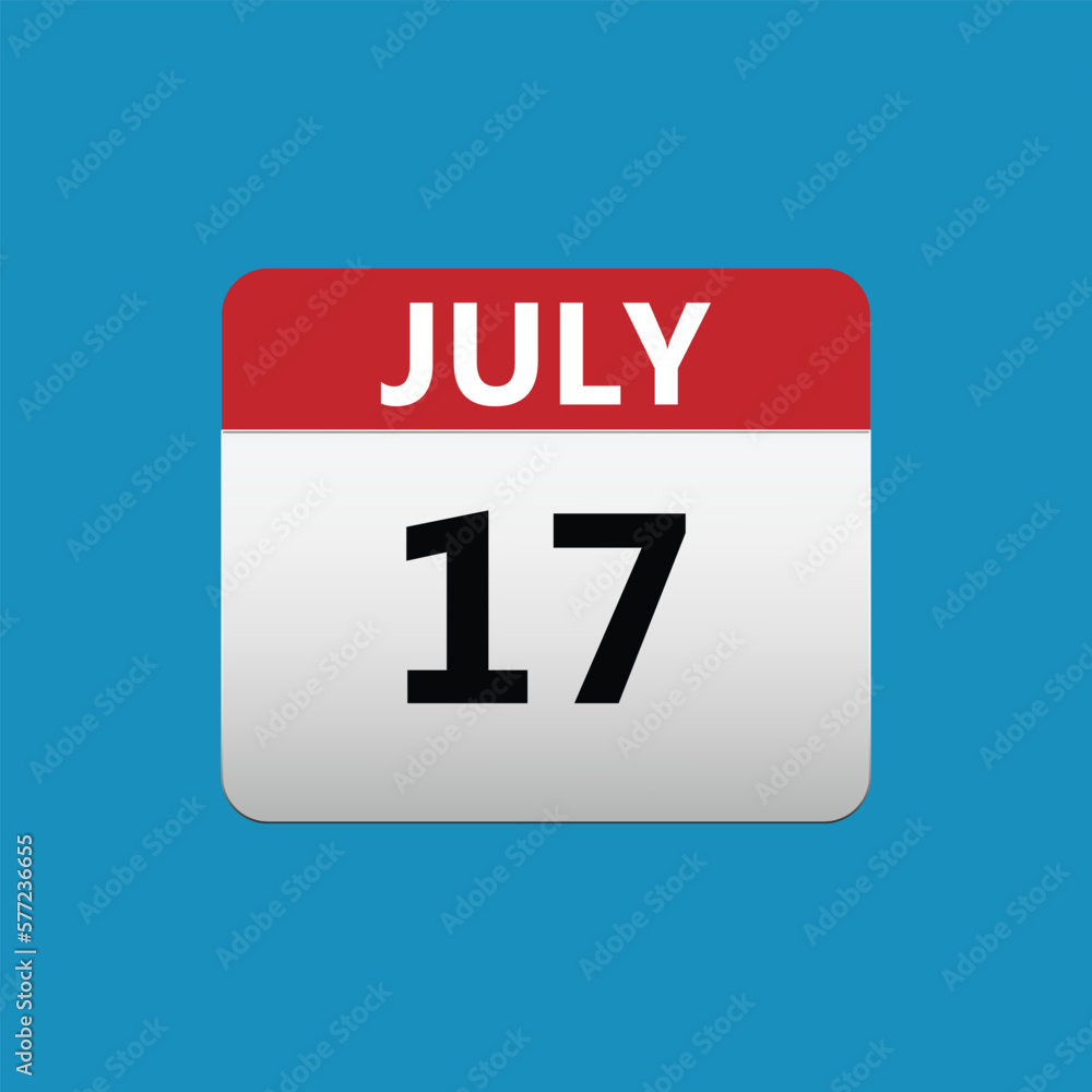 17th July calendar icon. July 17 calendar Date Month icon. Isolated on blue background 17th July calendar icon. July 17 calendar Date Month icon. Isolated on blue background