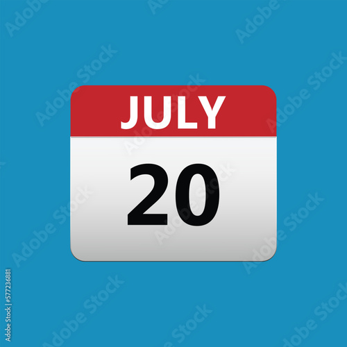 20th July calendar icon. July 20 calendar Date Month icon. Isolated on blue background