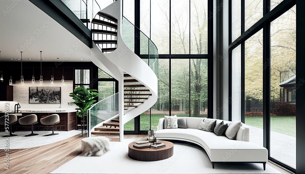 A modern style living room with floor to ceiling glass windows on the ...