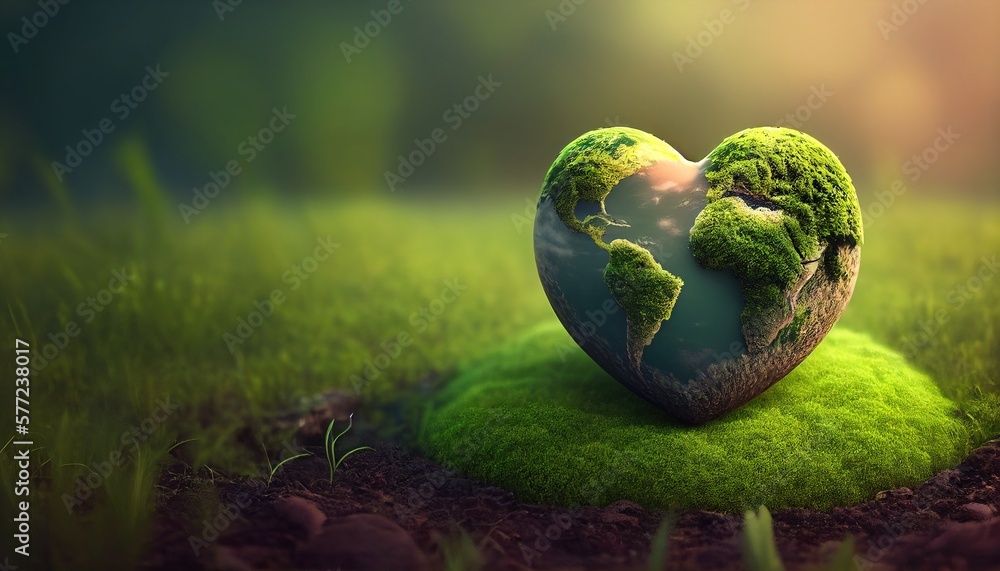 heart shaped planet on green meadow for earth day - obrazy, fototapety, plakaty 