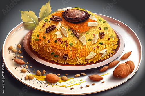 Iranian sweet rice with orange zest, nuts and dried fruits, shirin polo. Generative AI photo