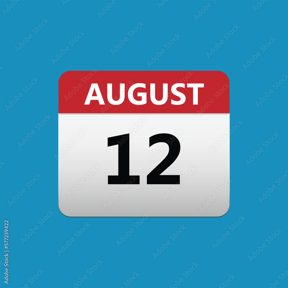12th August calendar icon. August 12 calendar Date Month icon. Isolated on blue background 12th August calendar icon. August 12 calendar Date Month icon. Isolated on blue background