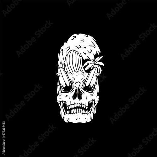 Vector illustration surf themed skull, tropical skull with coconut tree © jamalstudio