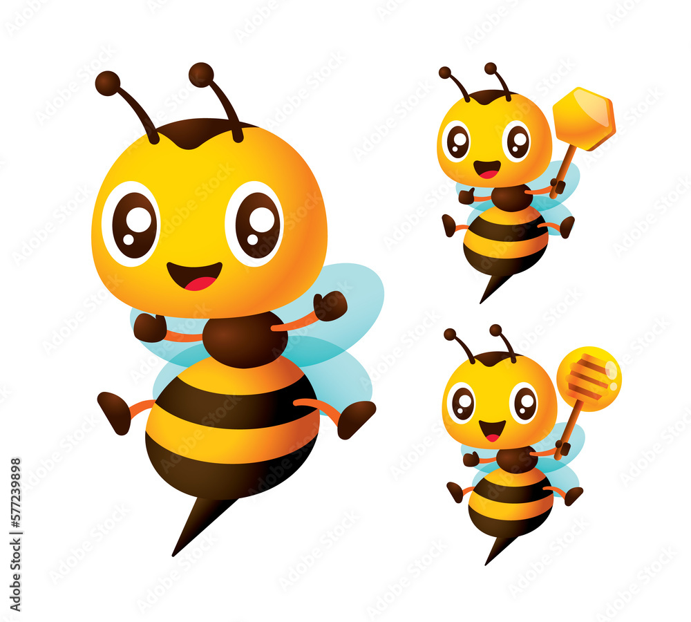 Cartoon cute bee mascot set. Happy honey bee holding honey dipper and honeycomb sign. Bee character illustration Cartoon cute bee mascot set. Happy honey bee holding honey dipper and honeycomb sign. Bee character illustration