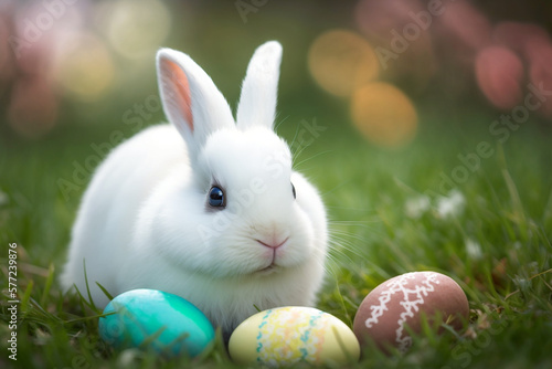Easter rabbit bunny with easter chocolate egg on the grass color colorful eggs 