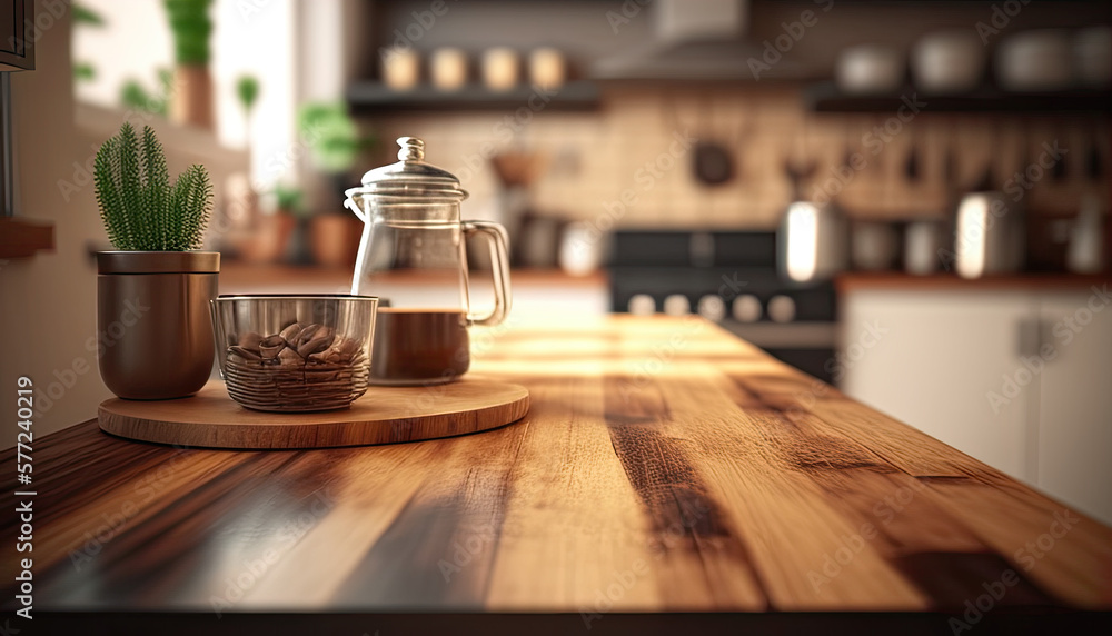 Wooden texture table top on blurred kitchen window background. For product display or design key visual layout. For showcase or montage your items (or foods). Product display mock up. Generative AI Wooden texture table top on blurred kitchen window background. For product display or design key visual layout. For showcase or montage your items (or foods). Product display mock up. Generative AI