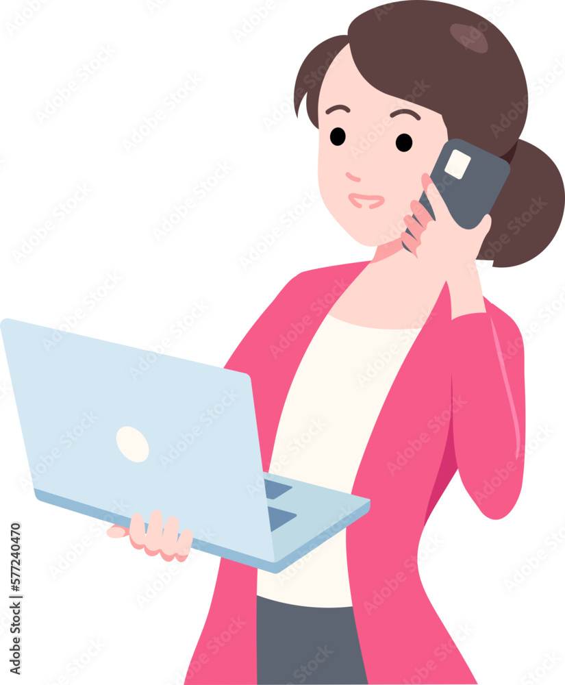 Female Entrepreneur Holding Laptop and Phone Calling Flat Female Entrepreneur Holding Laptop and Phone Calling Flat