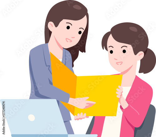 Female Entrepreneur View Documents and Talk with Secretary Business Woman Flat