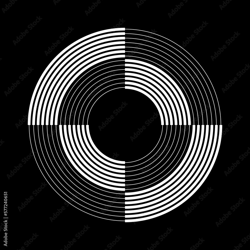 White radial concentric curvy stripes. Geometric art. Vector illustration. Design element for border frame, round logo, tattoo, sign, symbol, badge, social media, prints, template, flyer