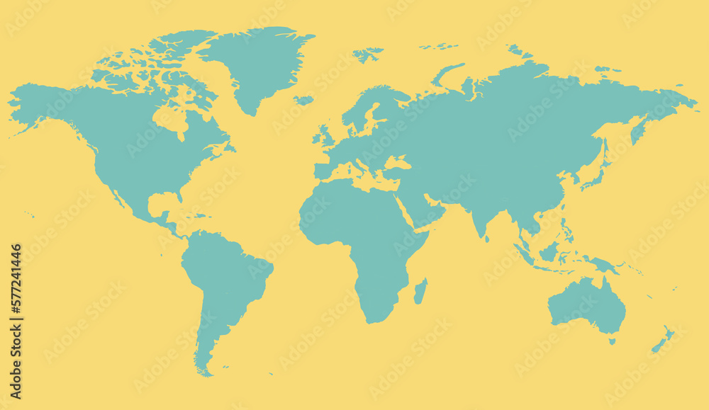 World map yellow and blue pastel illustration with continents, North and South America, Europe and Asia, Africa and Australia