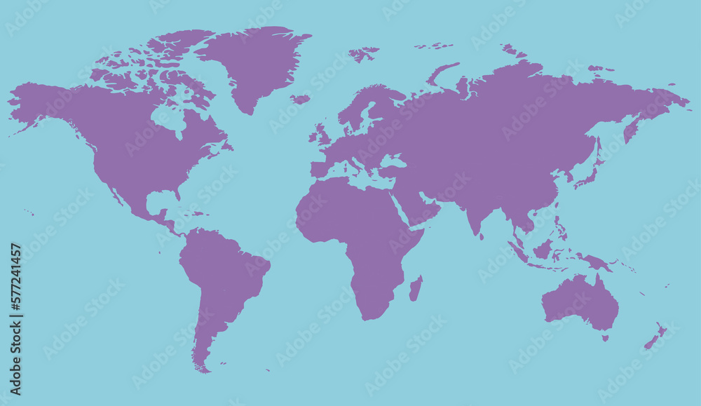 World map blue and purple pastel illustration with continents, North and South America, Europe and Asia, Africa and Australia
