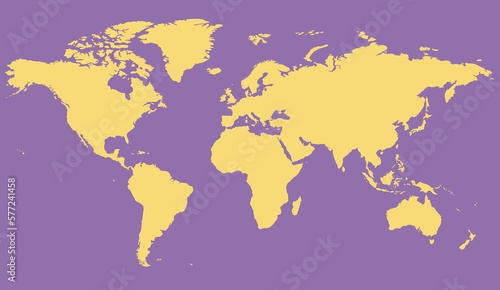 World map yellow and purple pastel illustration with continents, North and South America, Europe and Asia, Africa and Australia