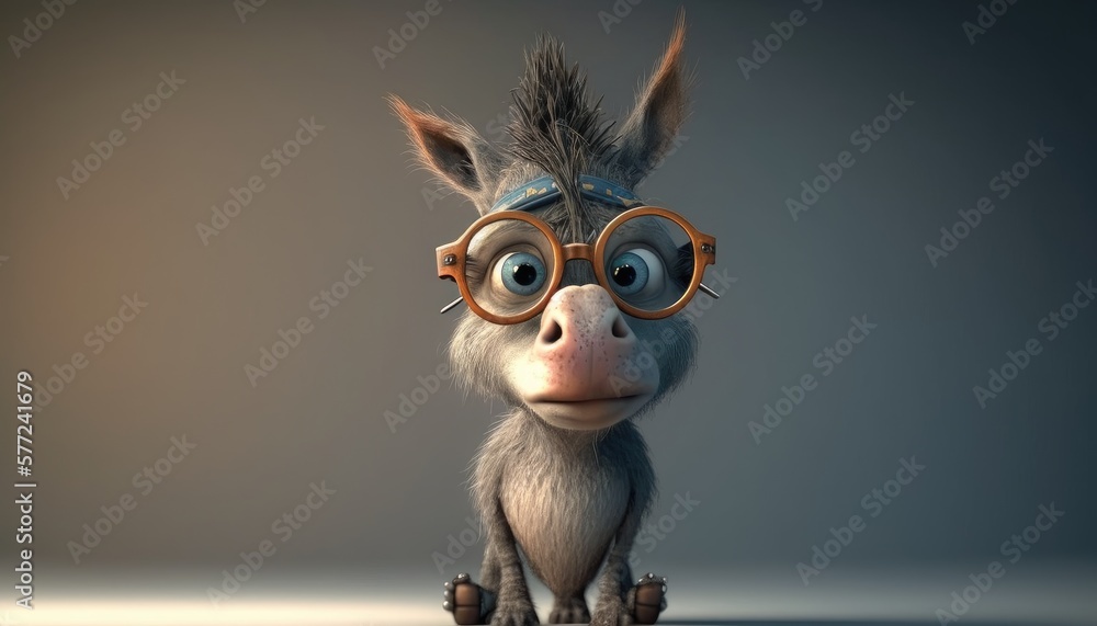 Fototapeta premium Adorable baby donkey with glasses. Created with Generative AI.