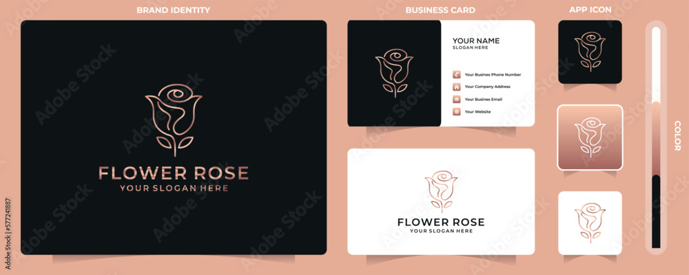 Minimalist elegant flower rose beauty with line art style. logo use cosmetics, yoga and spa logo design inspiration. set of logo and business card design