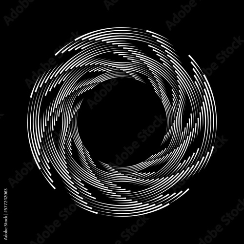 White curved lines in spiral form. Segmented circle. Geometric art. Circular shape. Trendy design element for border frame, round logo, tattoo, sign, symbol, badge, emblem, web pages, print