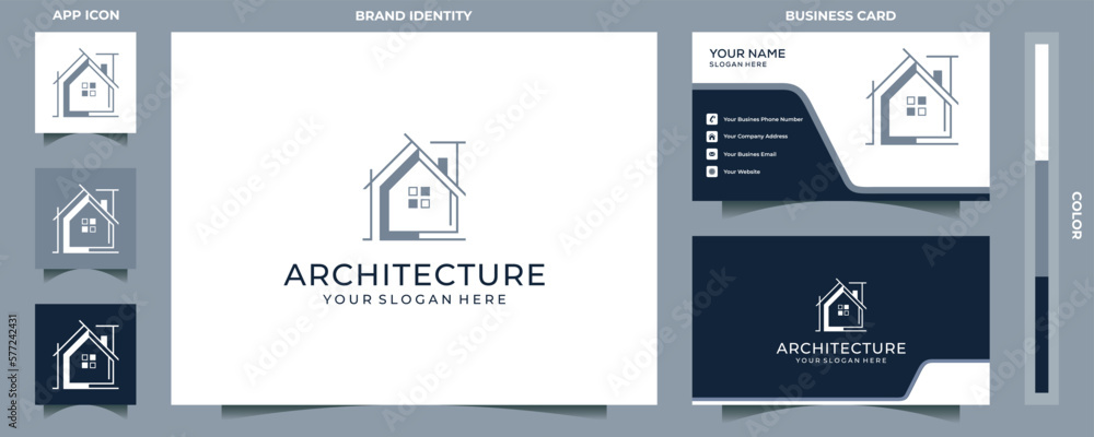 Architect house logo, architectural and construction design vector. and business card design