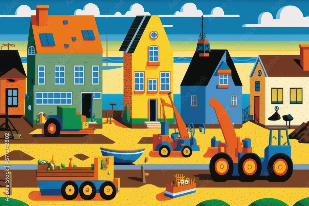 Vibrant Village Life: Colorful Painting of a Quaint Countryside Town, generative ai Vibrant Village Life: Colorful Painting of a Quaint Countryside Town, generative ai