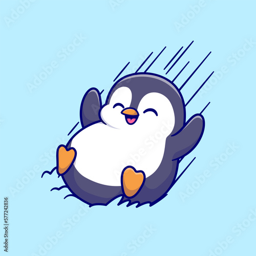 Cute Penguin Sliding On Ice Cartoon Vector Icon Illustration. Animal Nature Icon Concept Isolated Premium Vector. Flat Cartoon Style