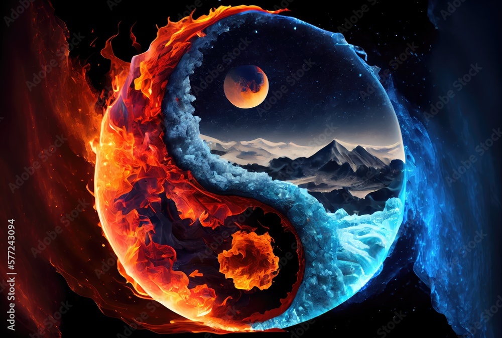 Fire and Ice climate in the Yin and Yang on dark background. Abstract ...