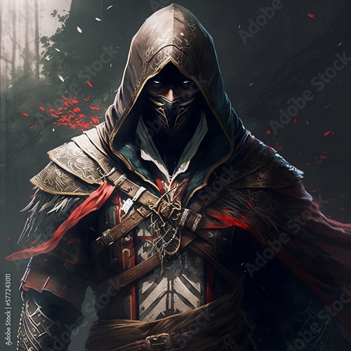 Masked and Hooded Male Rogue Assassin Character Walking Toward the Viewer Generative AI photo