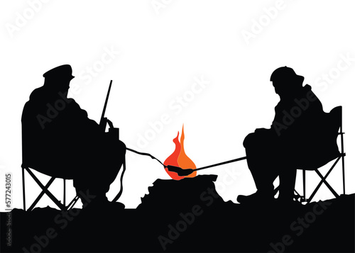 soldiers meat roasting hand drawn flat color vector icon. Campsite bonfire summer  sign. Wood campfire poster background illustration