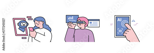 The Age of AI. Intelligence Meets Technology. Business concept illustration with people and icons. Virtual reality and devices.