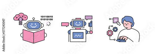 The Age of AI. Intelligence Meets Technology. Business concept illustration with people and icons. Learning and communication through books.