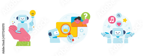 The Age of AI. Intelligence Meets Technology. Business concept illustration with people and icons. A robot that finds ideas and information.