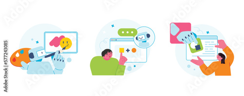 The Age of AI. Intelligence Meets Technology. Business concept illustration with people and icons. A robot that draws pictures and finds information.