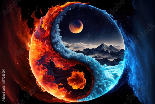 Fire and Ice climate in the Yin and Yang on dark background. Abstract and Contrast symbol concept. Generative AI