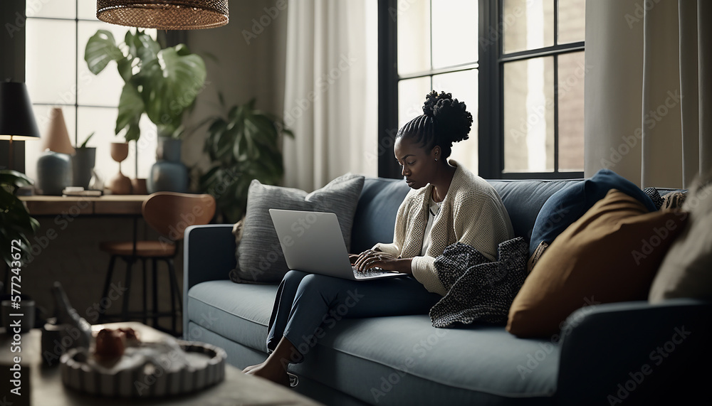 Online shopping, A woman scrolling through items on his laptop while sitting at a couch, living room, Generative AI Online shopping, A woman scrolling through items on his laptop while sitting at a couch, living room, Generative AI