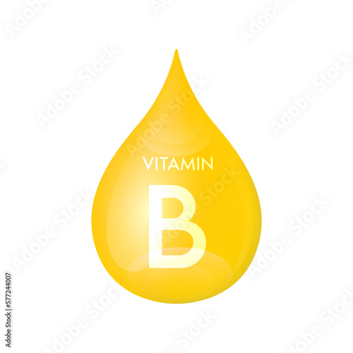 Drip vitamin B yellow icon 3D isolated on a white background. Drop minerals and vitamins complex realistic. Used for nutrition products food. Medical scientific concepts. Vector EPS10 illustration.