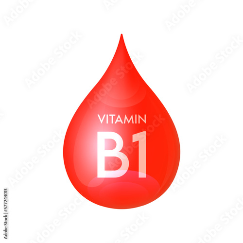 Drip vitamin B1 red icon 3D isolated on a white background. Drop minerals and vitamins complex realistic. Used for nutrition products food. Medical scientific concepts. Vector EPS10 illustration.