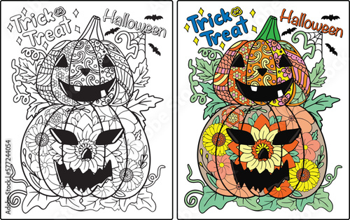 Trick or Treat Halloween Jack O’ Lanterns with flower, spider and pumpkins elements. Hand drawn lines. Doodles art for greeting cards, invitation or poster. Coloring book for adult and kids.
