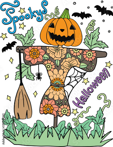 Happy Halloween Spooky Jack O’ Lanterns with flower elements. Scarecrow with pumpkin head. Hand drawn lines. Doodles art for greeting cards, invitation or poster. Coloring book for adult and kids
