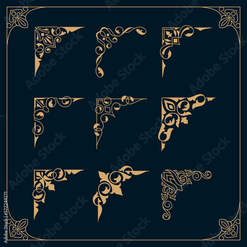 Print op canvas set of golden floral frame , corner and border