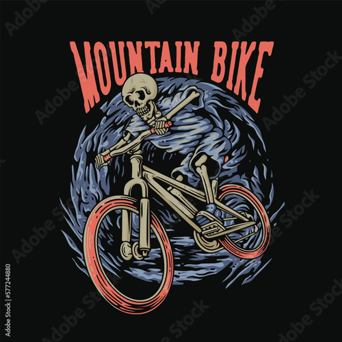T Shirt Design Mountain Bike With Skull Riding A Mountain Bike Vintage Illustration (ID: 577244880)