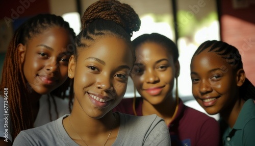 Group of Diverse and Empowered African American Black Youth Female High School Students Working Together in Creative Writing Club : Power of Collaboration in Clubs, Sports Teams (generative AI) © Get Stock