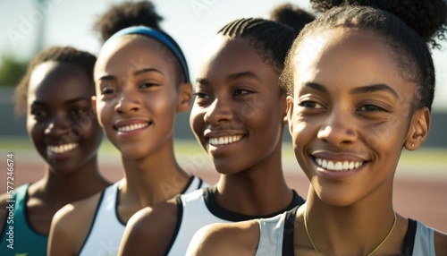 Group of Diverse and Empowered African American Black Youth Female High School Students Working Together in Track and Field : Power of Collaboration in Clubs, Sports Teams (generative AI)