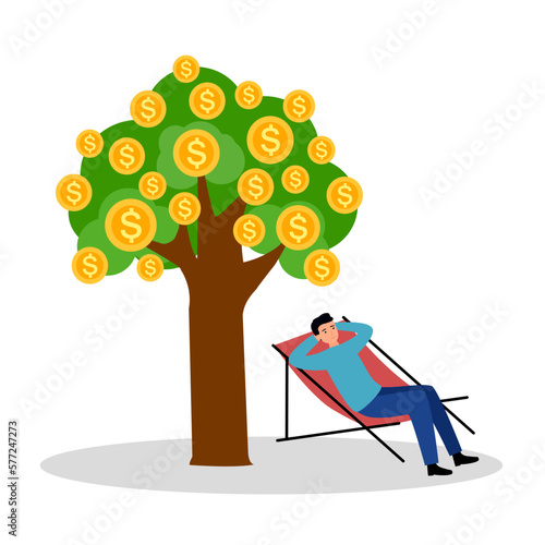 Man sitting under money tree in flat design on white background. Financial freedom concept vector illustration.