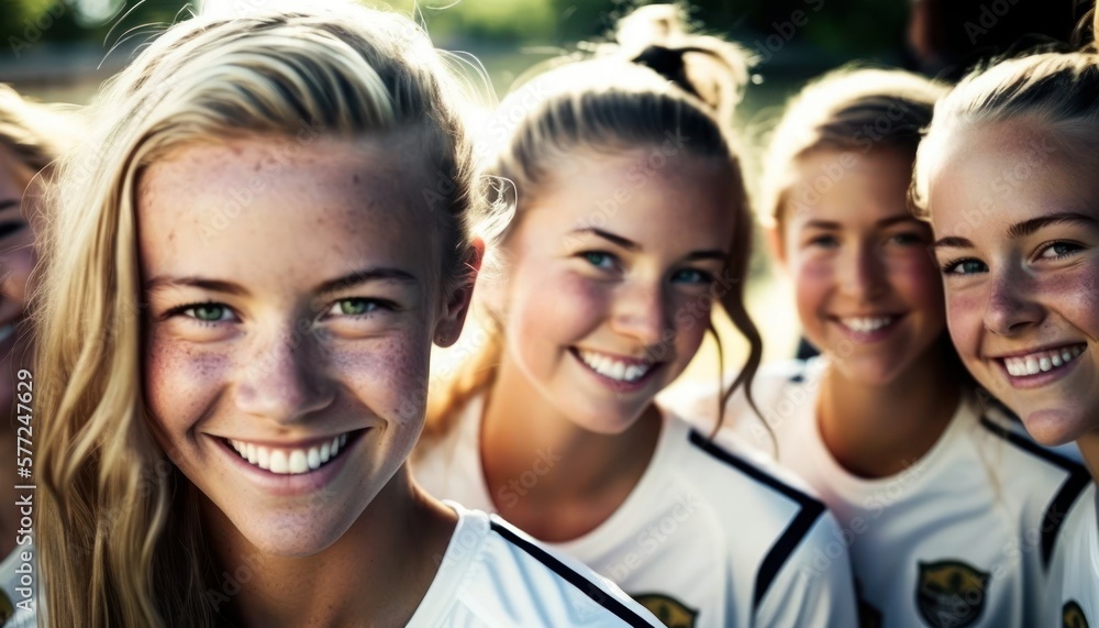 Group of Diverse and Empowered Caucasian White Youth Female High School Students Working Together in Soccer : Power of Collaboration in Clubs, Sports Teams (generative AI)