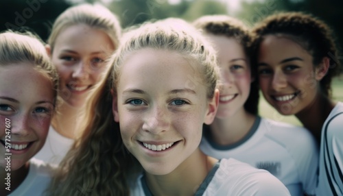 Group of Diverse and Empowered Caucasian White Youth Female High School Students Working Together in Soccer : Power of Collaboration in Clubs, Sports Teams (generative AI)