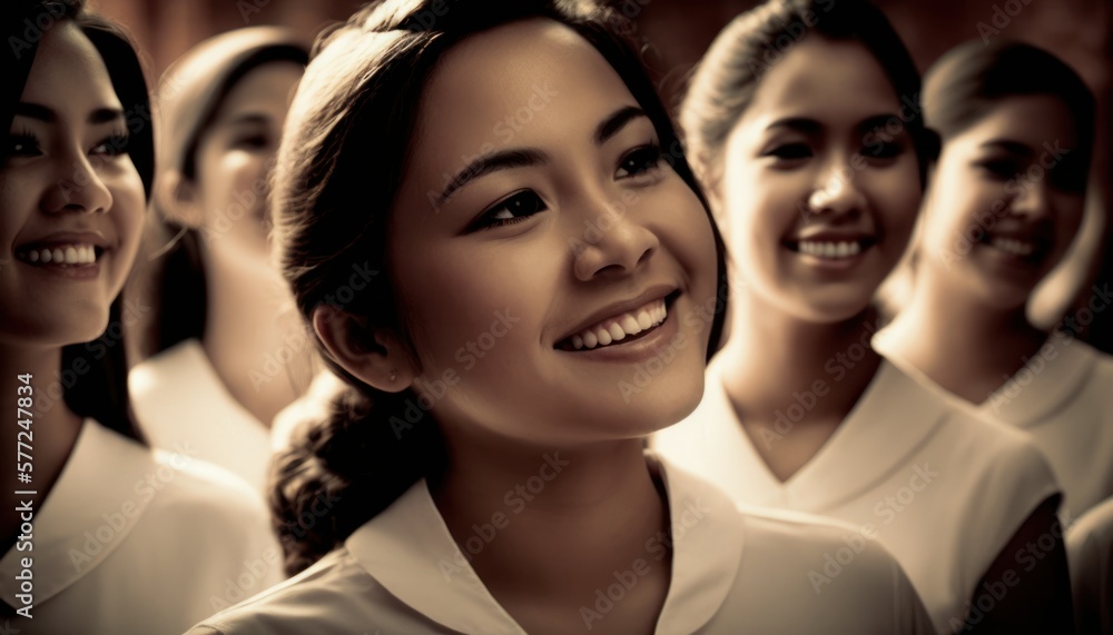 Obraz premium Group of Diverse and Empowered Hispanic Youth Female High School Students Working Together in Choir : Power of Collaboration in Clubs, Sports Teams (generative AI)