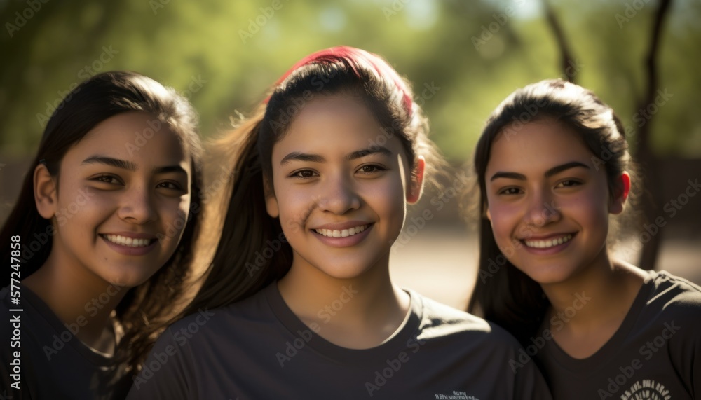 Obraz premium Group of Diverse and Empowered Hispanic Youth Female High School Students Working Together in Community Service Club : Power of Collaboration in Clubs, Sports Teams (generative AI)